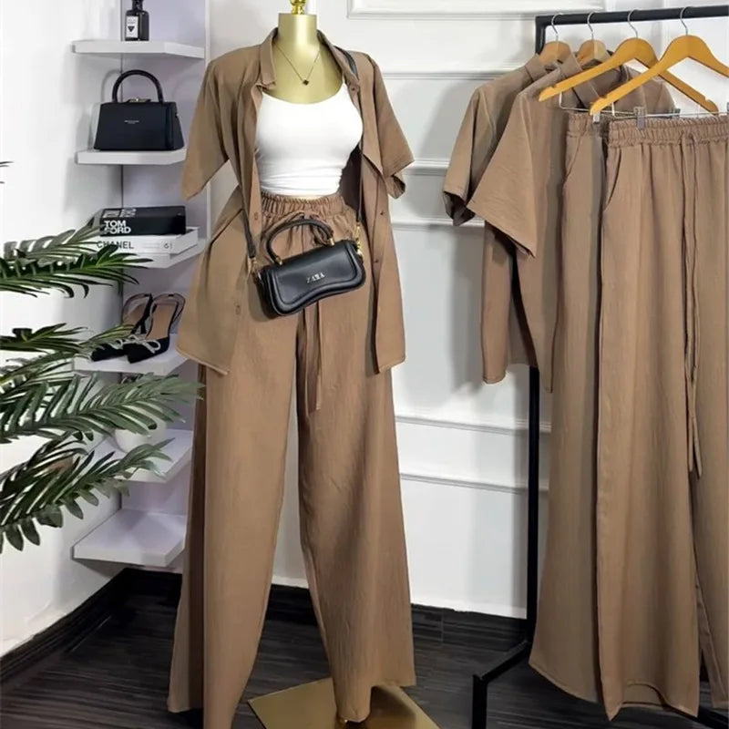 Casual Two Piece Shirt and Wide Leg Pants Set for Women
