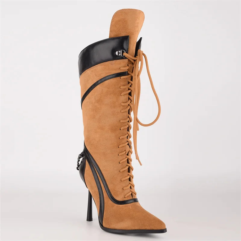 Pointed Toe Lace Up Stiletto Mid Calf Boots for Women