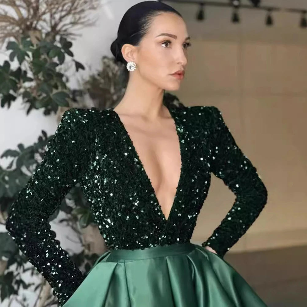 Sequin Deep V Neck Floor Length Evening Dress for Women