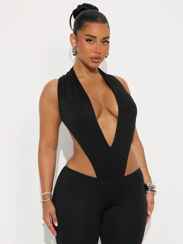 Weird Puss Hipster 2 Piece Set Women Sexy Deep V-Neck Hollow Bandage Bodysuit+Flare Pants Summer Midnight Matching Clubwear Suit