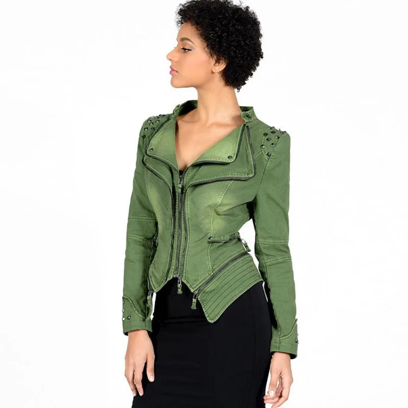 Women's Jacket, Denim Coat, Slim Fit, Shoulder Shrugs, Rivet Zipper Splicing
