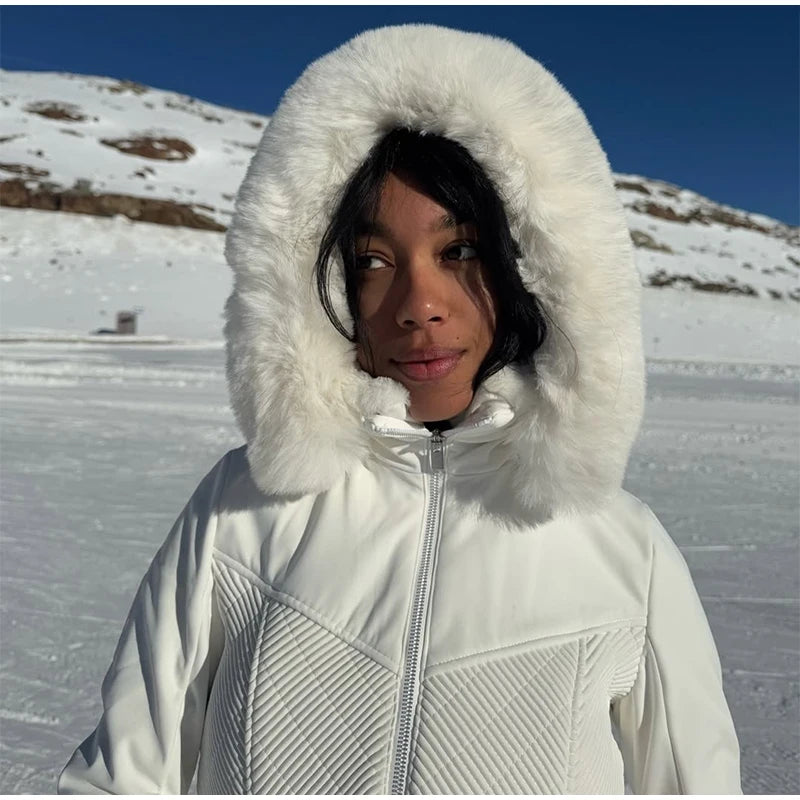 Warm Fur Trim Hooded Winter Ski Suit with Belt for Women