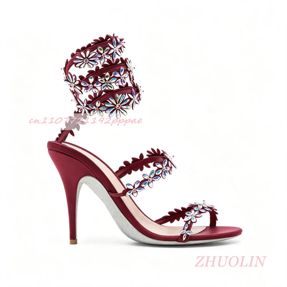Rhinestone Floral Open Toe Stiletto Wedding Sandals for Women