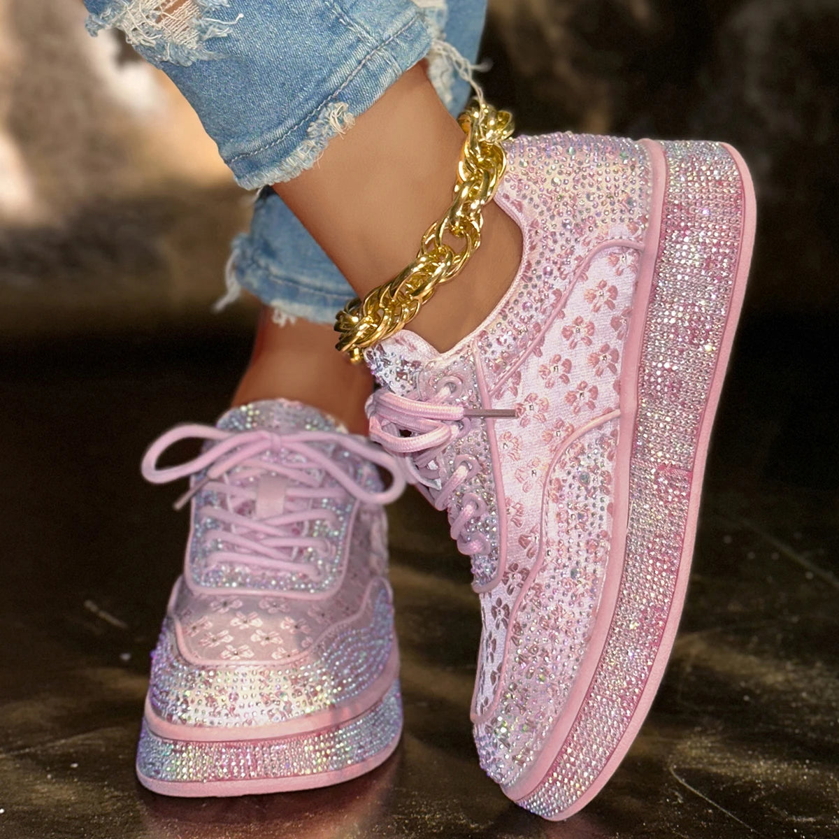 Elegant Pink Crystal Flower Lace Up Casual Flats for Women