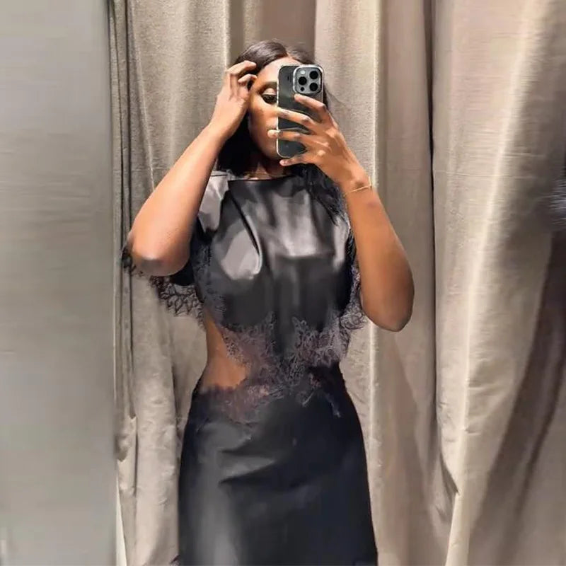 Womens Lace Dress With Cut Out Waist And Flutter Sleeves + Slim Fit + Evening Party Style