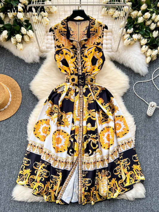 CM.YAYA Women V-neck Elegant Sleeveless Midi Dress 2024 Summer Belt Court Style Streetwear Africa Party Club Dresses Vestidos