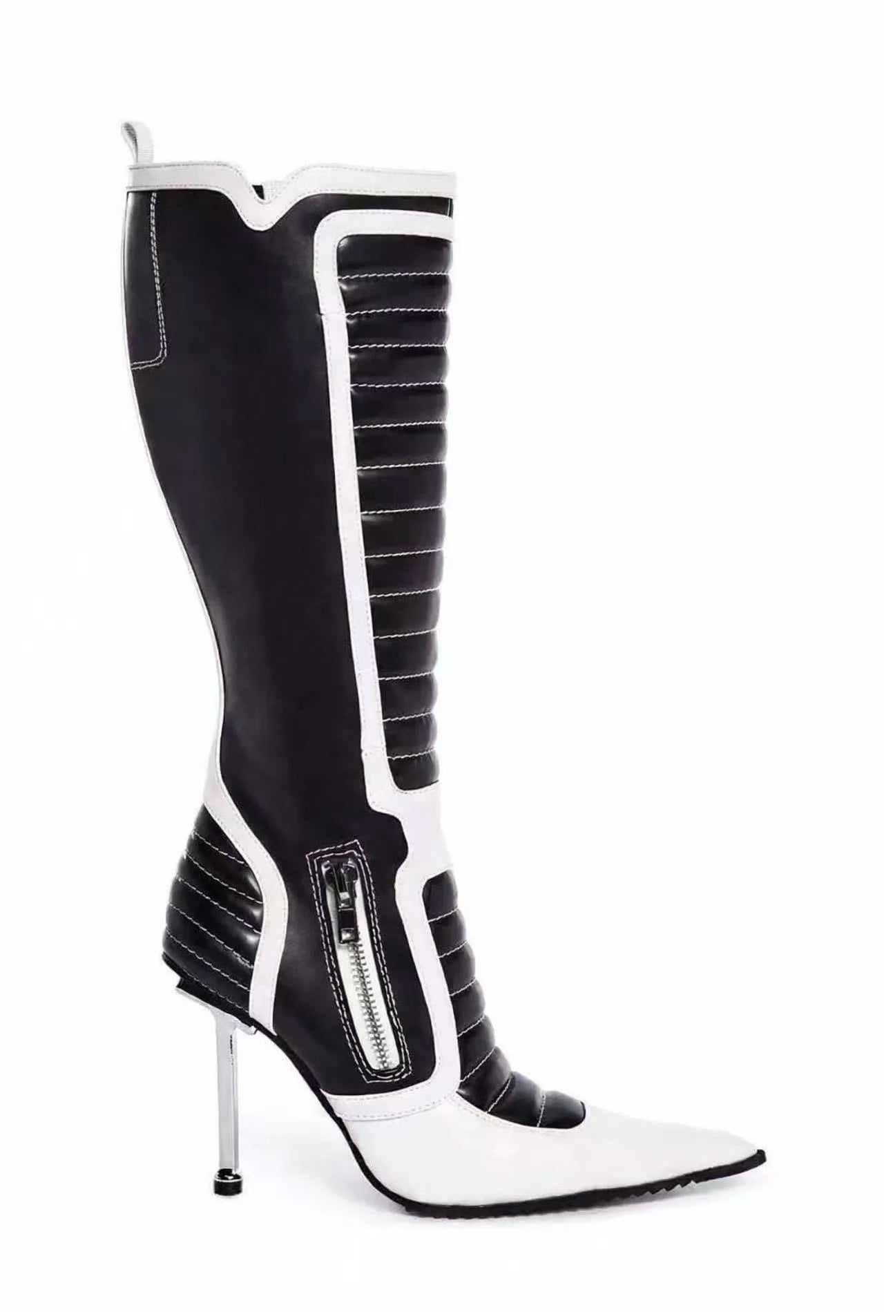 Women Black Pink Patchwork Knee High Boots Pointed Toe Stiletto Heel Zipper Up Fashion Moto Boots Party Clubwear Prom Shoes 44