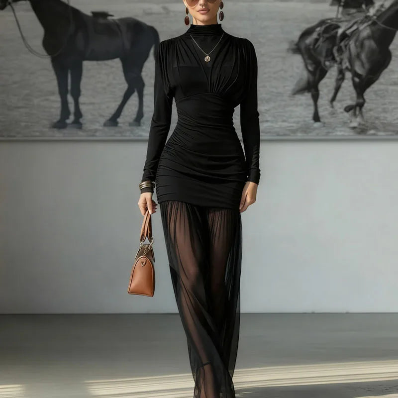 2026 Spring Turtleneck Splicing Chiffon Long Dress Woman Sexy Hollow Slim Pleated Dress New Long Sleeve Mesh Elegant Party Dress