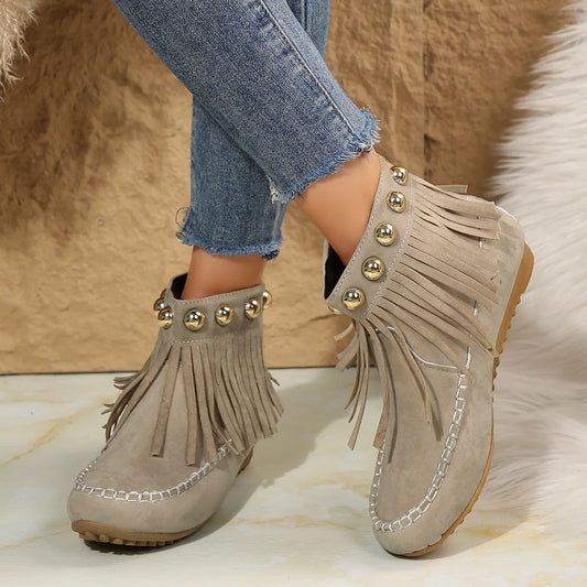 Women Boots Winter New Vintage Fringe Ankle Boots Women Side Zipper Casual Shoes Round Toe Ladies Snow Boots Zapatos De Mujer