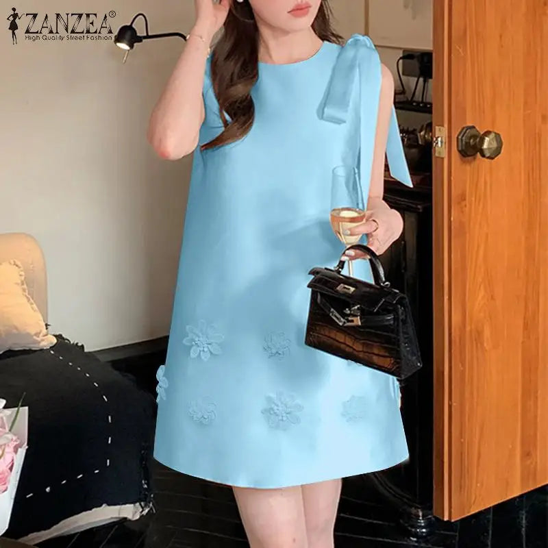 ZANZEA Women Elegant Sleeveless Mini Dress Korean Decor Flower Bow Tank Robe 2024 Autumn Round Neck Vestidos Holiday Party Dress