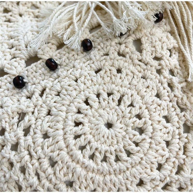 Hollow Crochet Women Bags Bohemian Large Capacity Handbags Korean Popular Bag New Tassel Cotton Shopping Bag Shoulder Bag Women