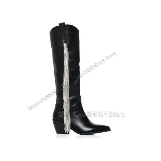 Crystal Tassel Leather Knee-High Boots