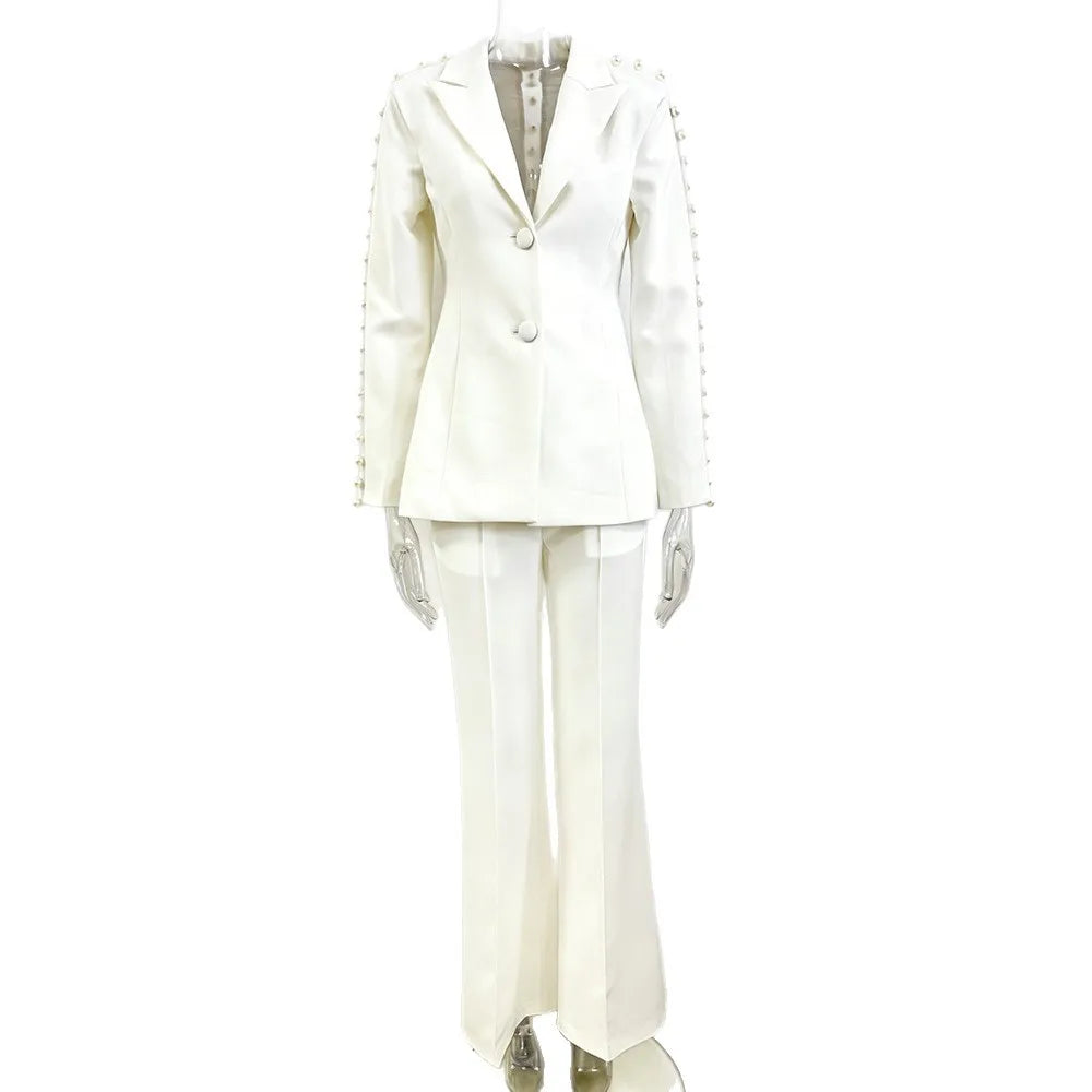 HIGH STREET Newest 2026 Designer Runway Suit Set Women's Pearls Beaded Gauze Patchwork Slim Fitting Blazer Pants Set