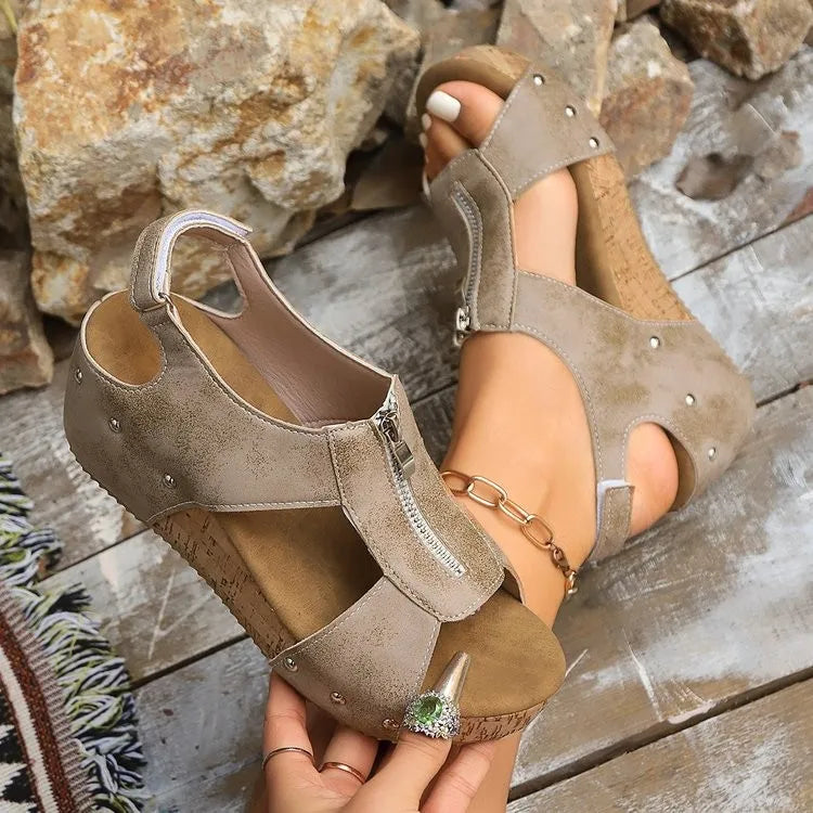 Waterproof Velcro Rivet Platform Wedge Sandals for Women