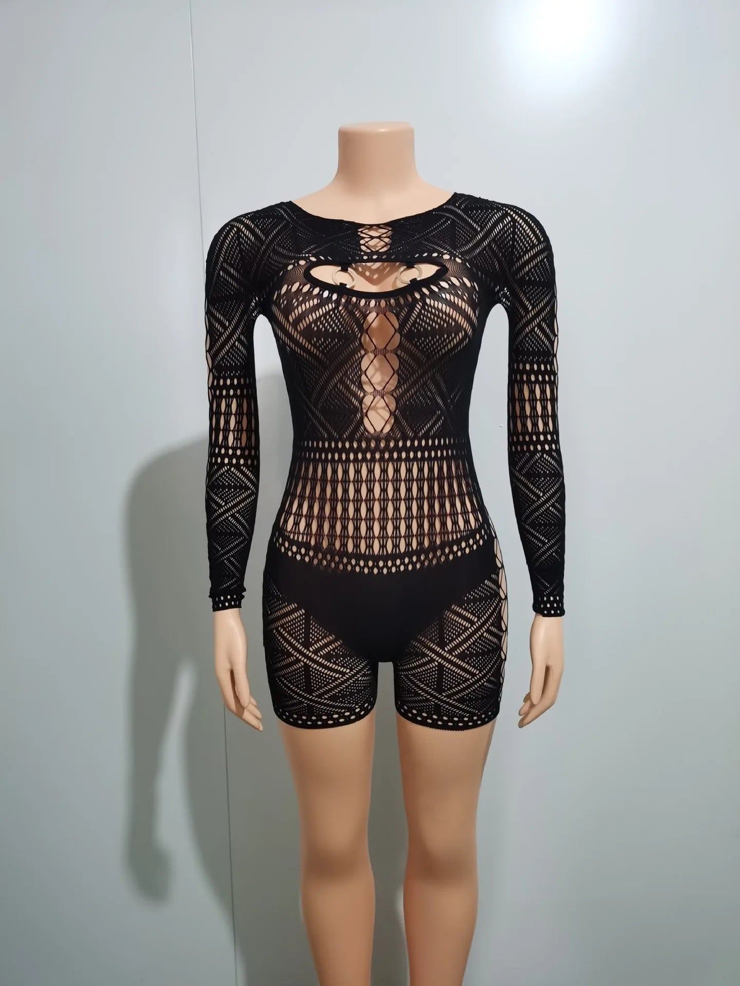Hollow Out Patchwork Lace See Through Long Sleeve Jumpsuit for Women