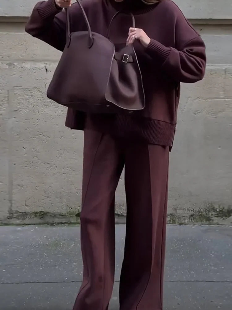 Half High Collar Pullover and Wide Leg Pants Set for Women
