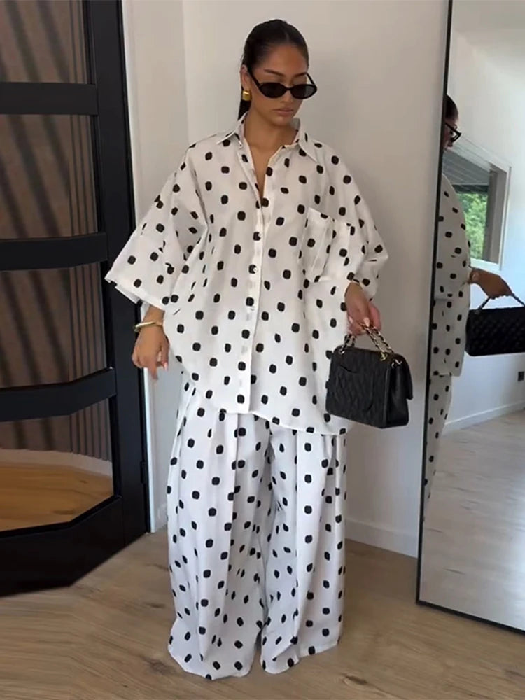 Elegant Polka Dot Shirt And Wide Leg Pants Set for Women