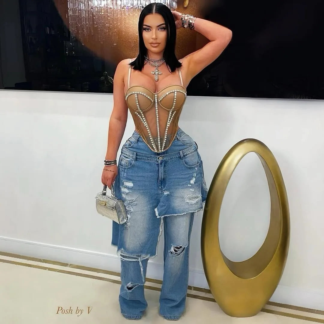 High Waist Ripped Patchwork Straight Cargo Jeans for Women