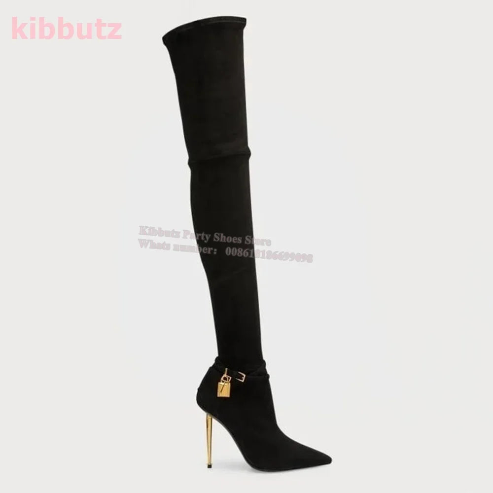 Metal Padlock Key Ankle Boots Genuine Leather Solid Color Pointed Toe Thin Heel Suede Side Zipper Fashion Runway Show Elegant
