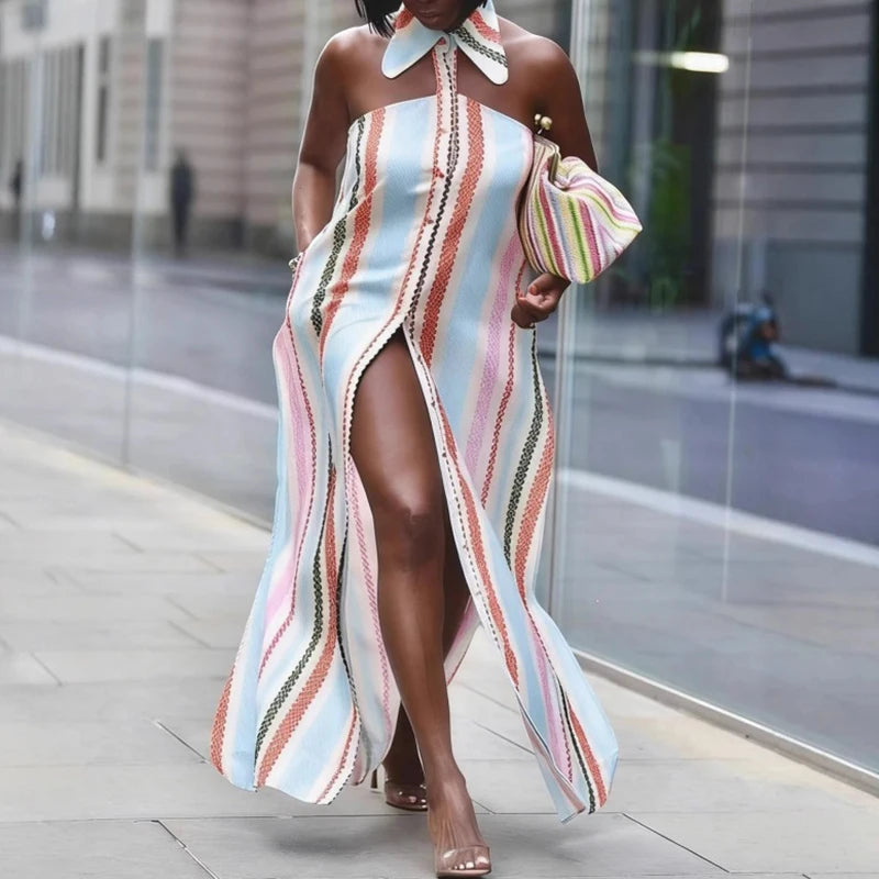 Striped Off Shoulder Hollow Midi Casual Dress for Women