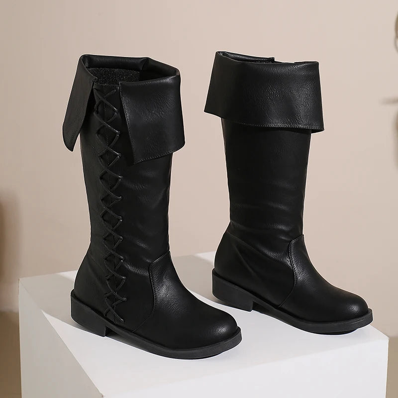 Retro Cross-Tied Flat Mid-Calf Costume Boots for Women