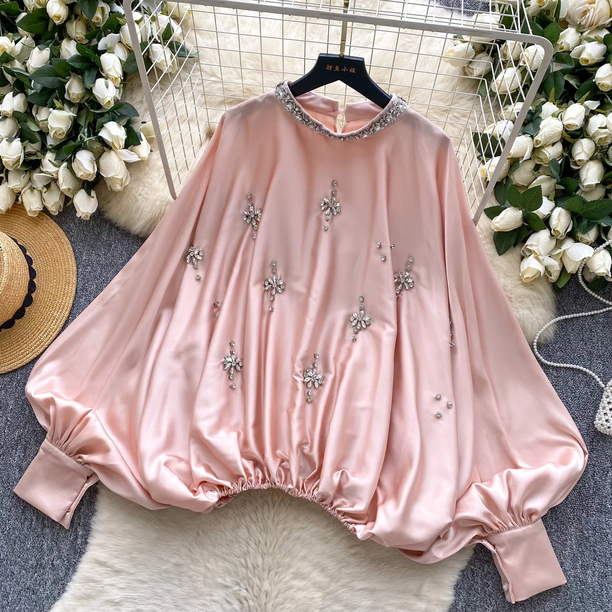 Elegant Beaded Satin Batwing Sleeve Blouse for Women