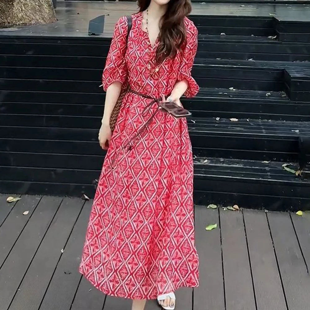 Loose Fit Vacation Style Floral Midi Dress for Women