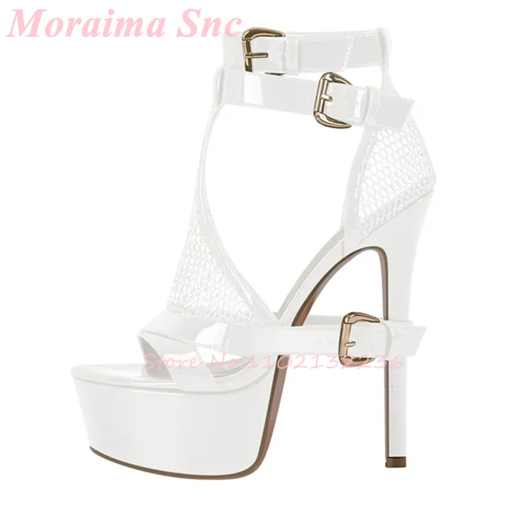 Mesh Cutout Patent Platform Sandals