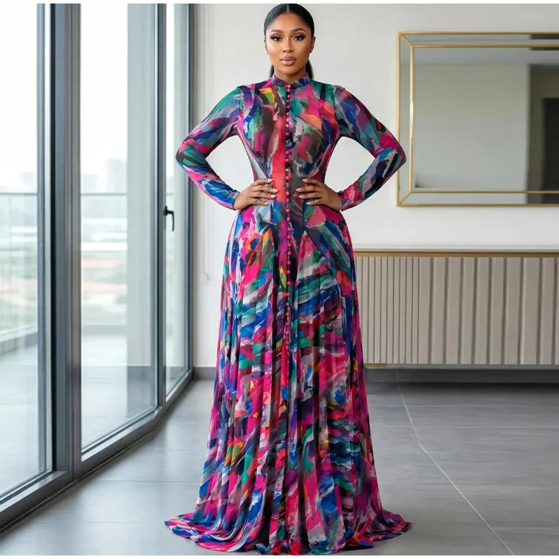 Chic O-Neck Printed Long Sleeve Casual Summer Dress for Women
