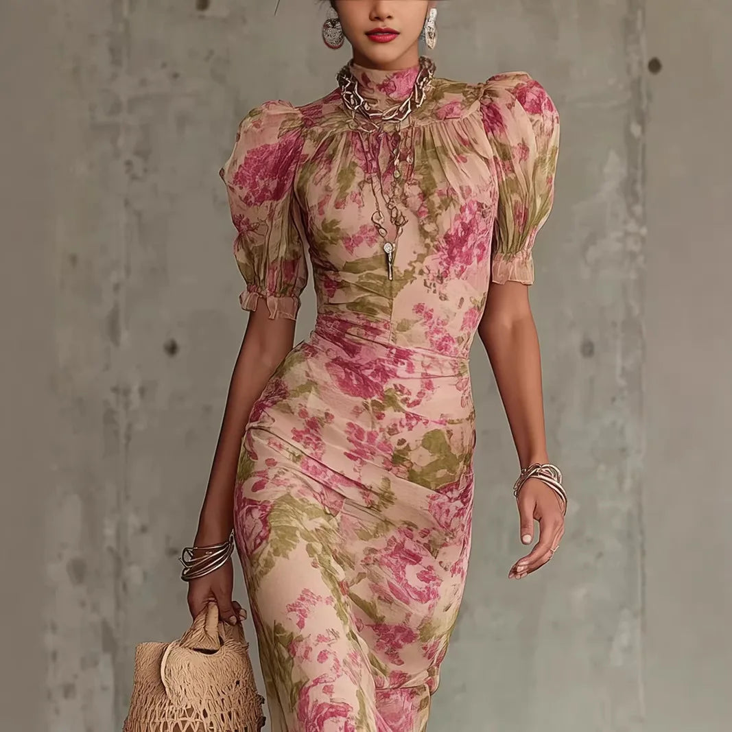 Vintage Chiffon Maxi Dress With Stand Collar Short Sleeve for Women