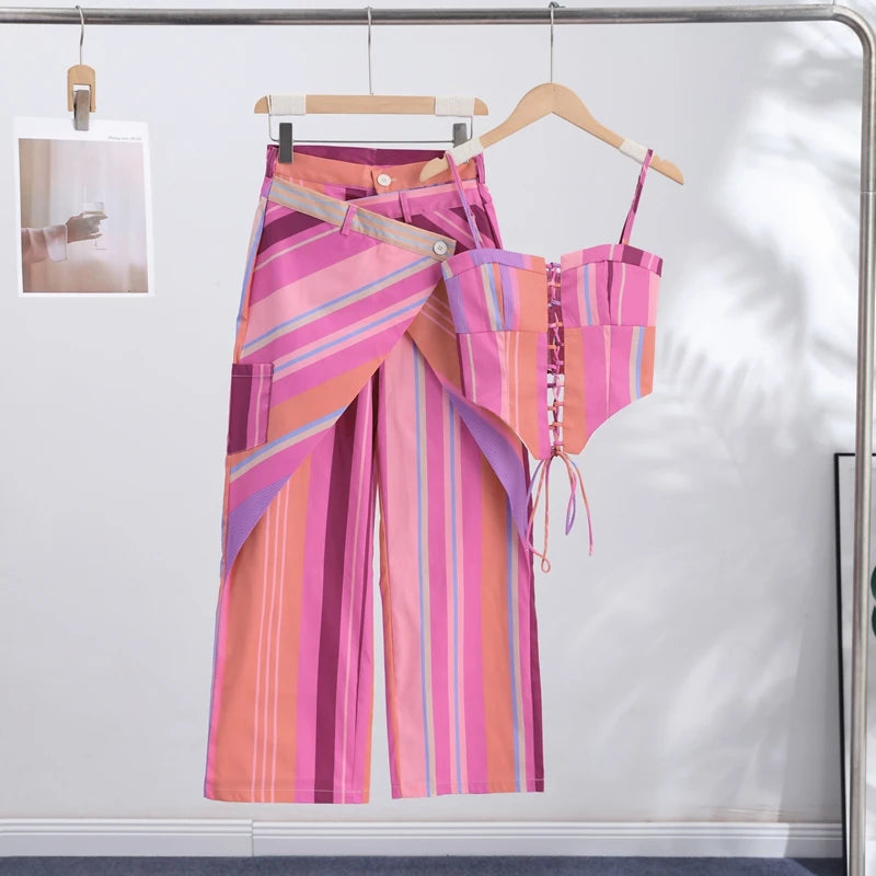 Striped Patchwork Vest and Asymmetric Trousers Set for Women