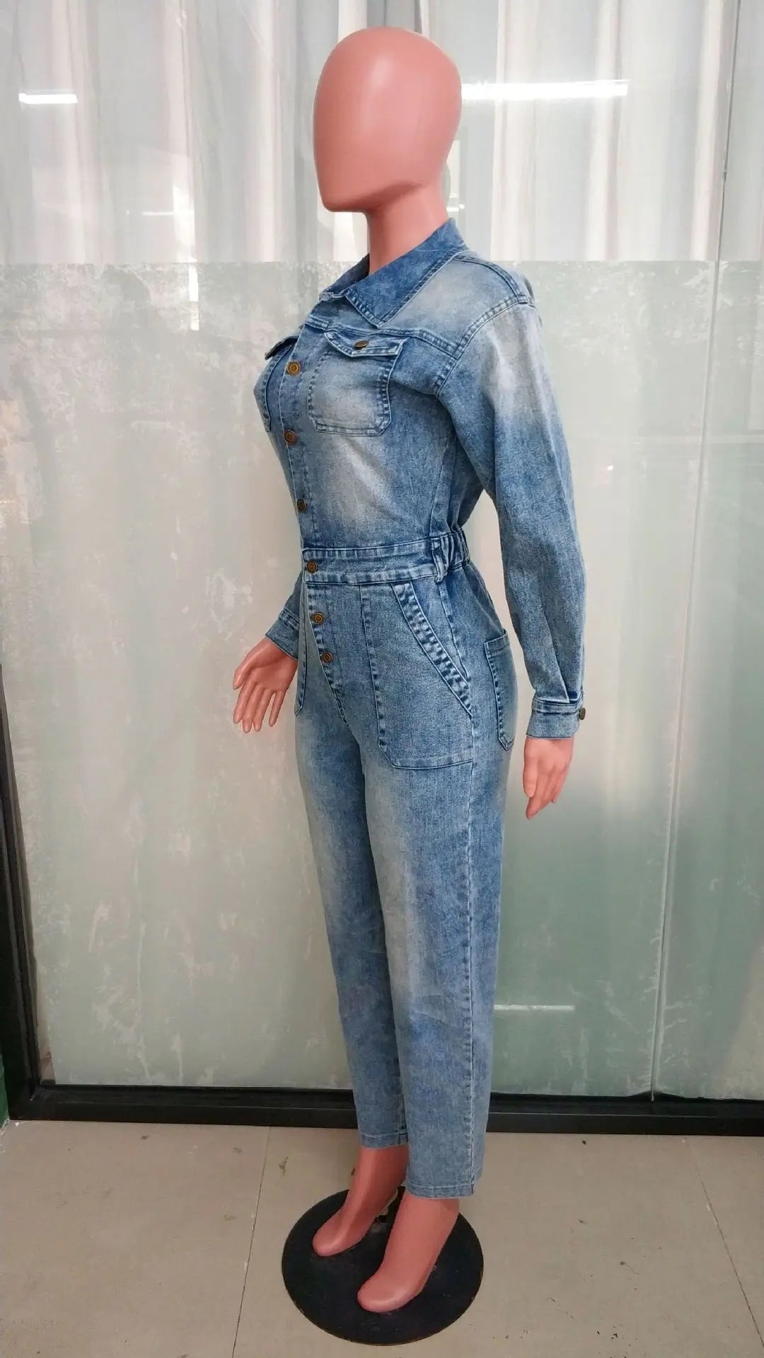Elegant Turn Down Collar Straight Denim Jumpsuit For Women