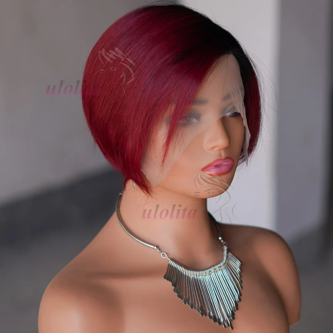 Ombre Pixie Cut Human Hair Lace Front Wig for Women