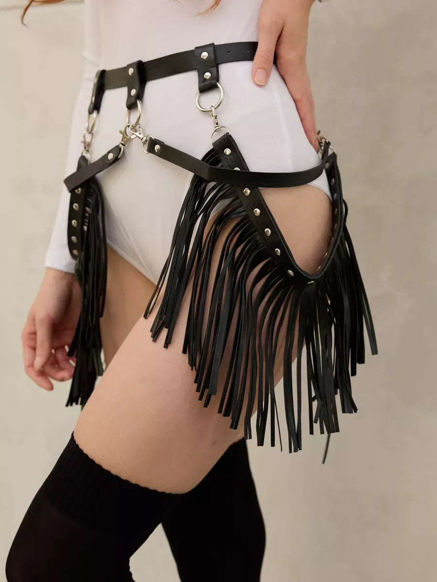 Gothic Leather Harness Skirt With Fringe for Women