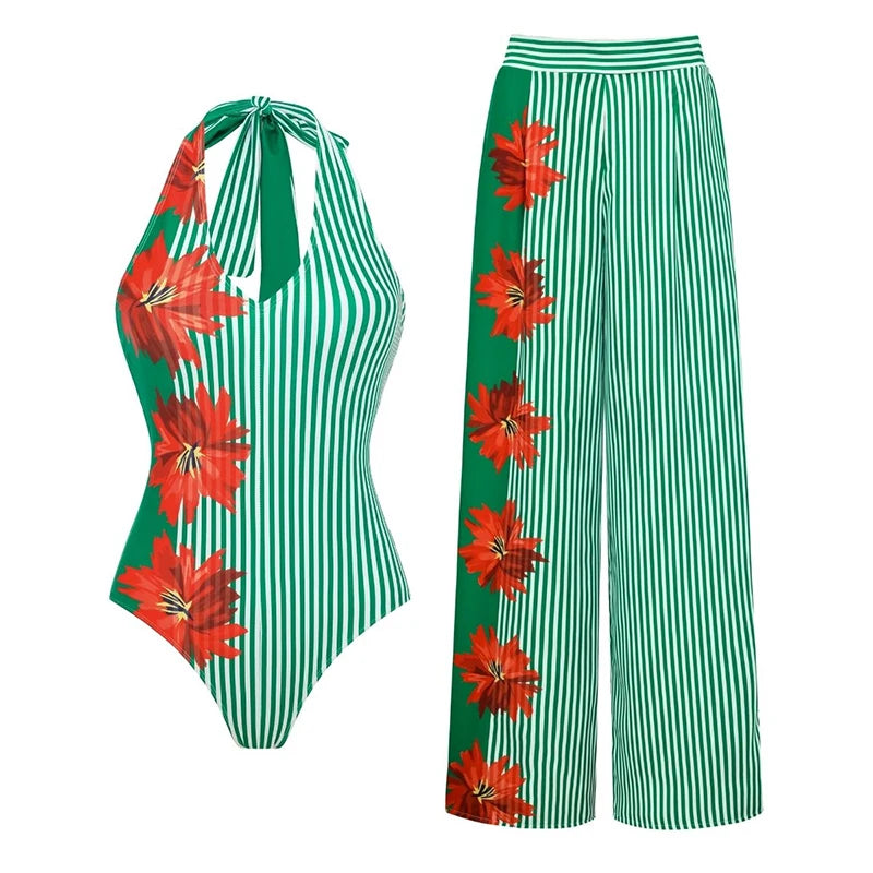Striped Off Shoulder Bikini Set with High Waist Skirt for Women
