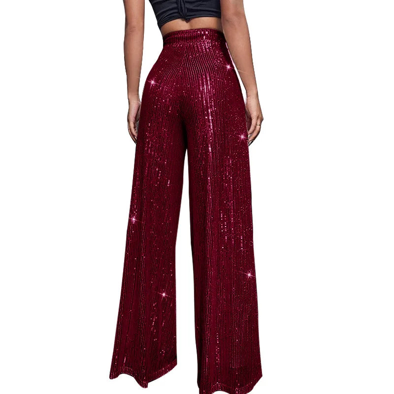 High Waist Sparkle Sequin Wide Leg Pants for Women