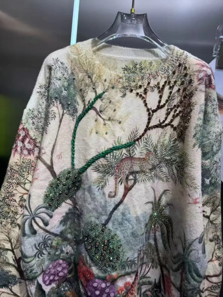 Crystal Embroidered Cozy Loose Knit Sweater for Women