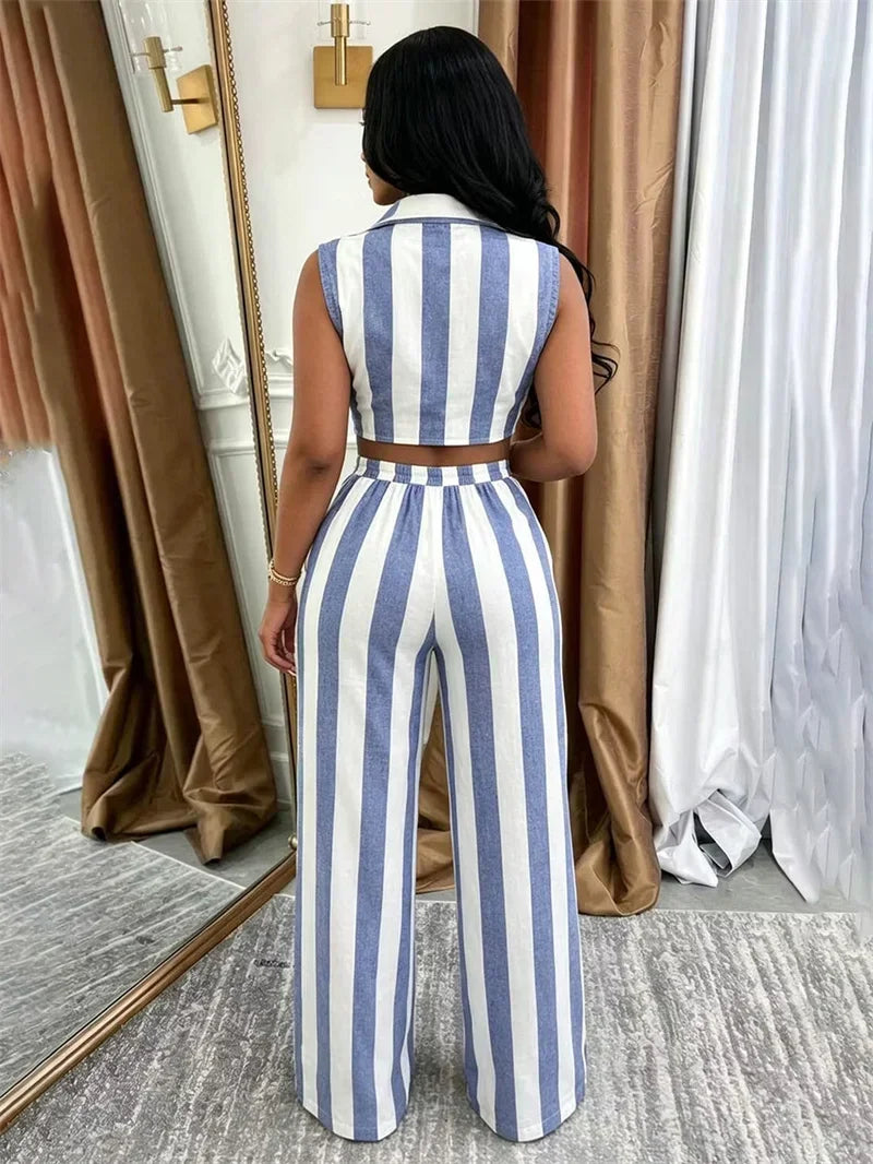 Striped Two Piece Shirt And Wide Leg Pants Set for Women