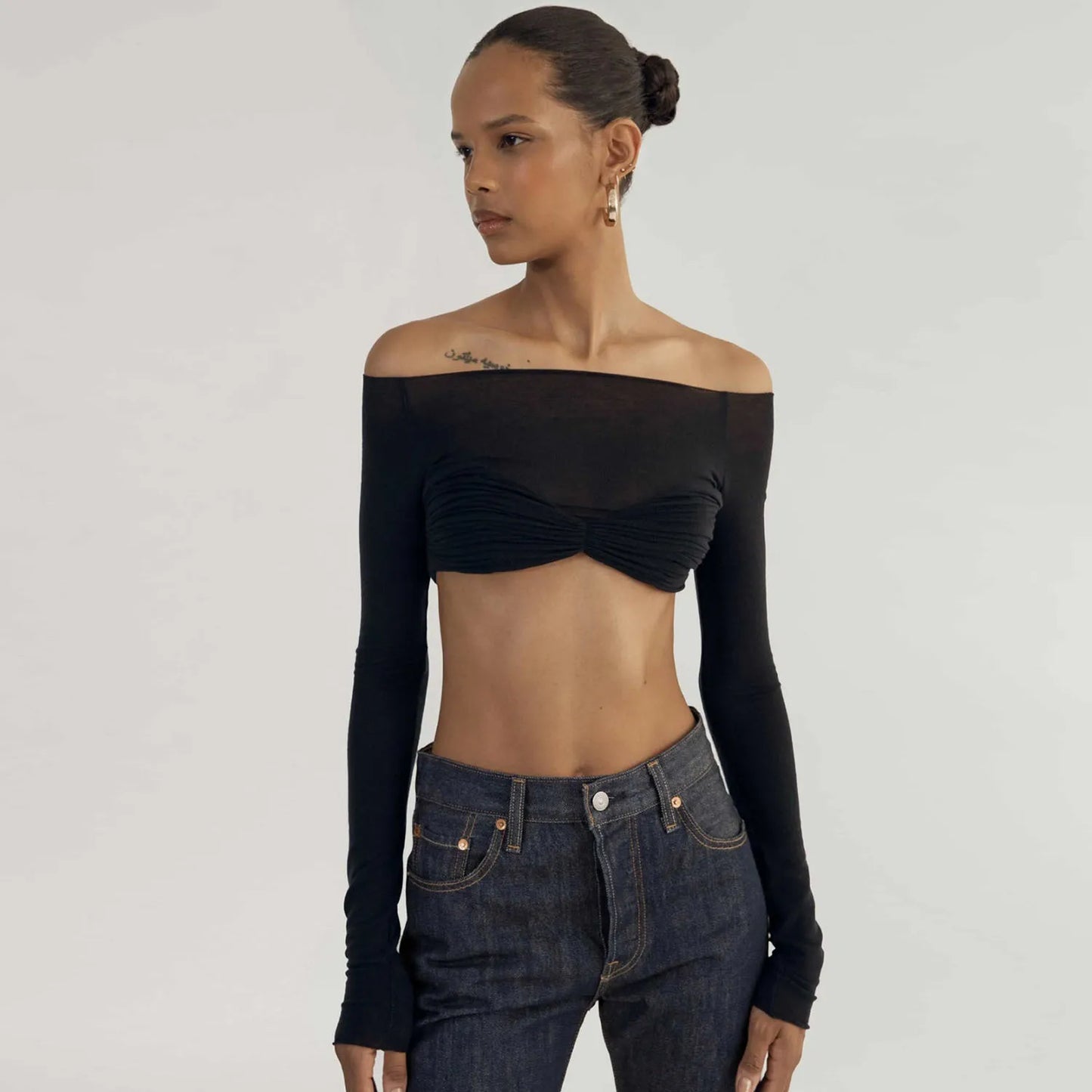 Cryptographic Elegant Front Ruched Cropped Top for Women Fashion Long Sleeve Off Shoulder Sexy Backless Sheer Knit Mini Top Slim