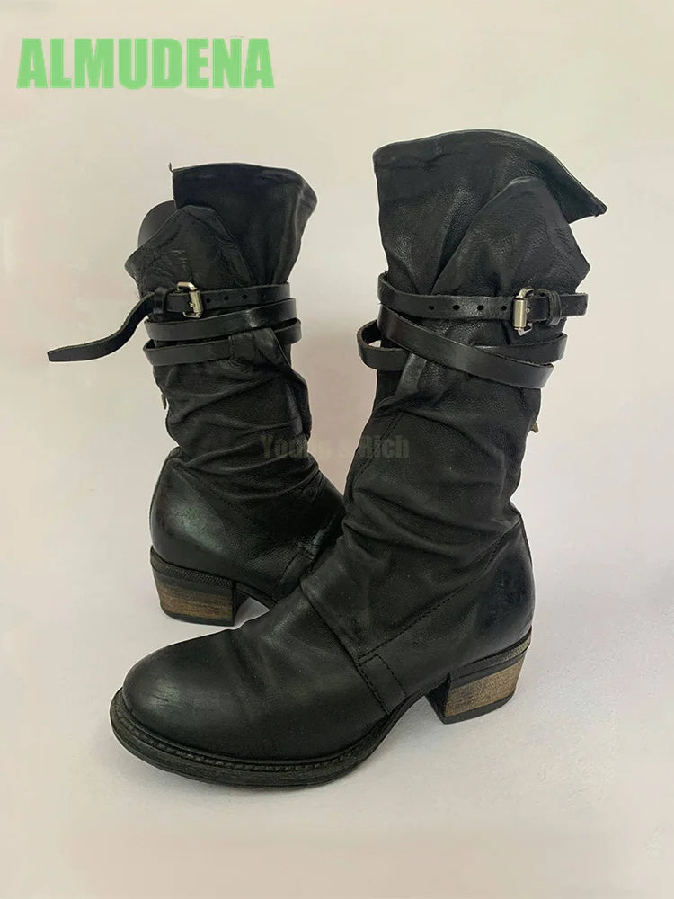 Black Minimalist Soft Leather Side Zipper Mid Calf Boots For Women
