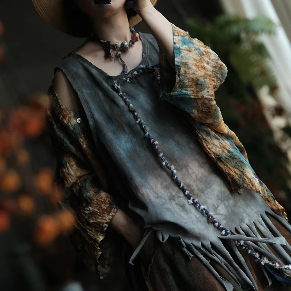 Casual Loose Fit Print Tassels Tank Top Cotton for Women