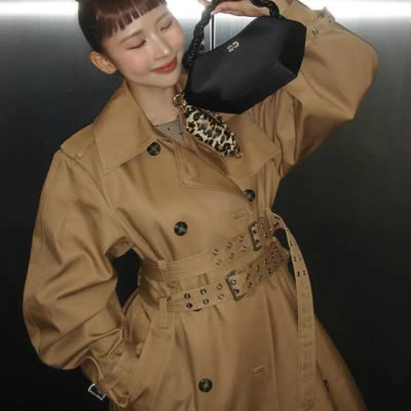 Chic Punk Trench Coat For Women Full Sleeve Loose Hooded Crop Jacket Lapel Bat Sleeve Long Coats 2025 New Lady Y2k Fall Outwears