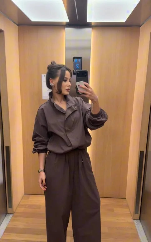 Lace Up Stand Collar Wide Leg Two Piece Set for Women
