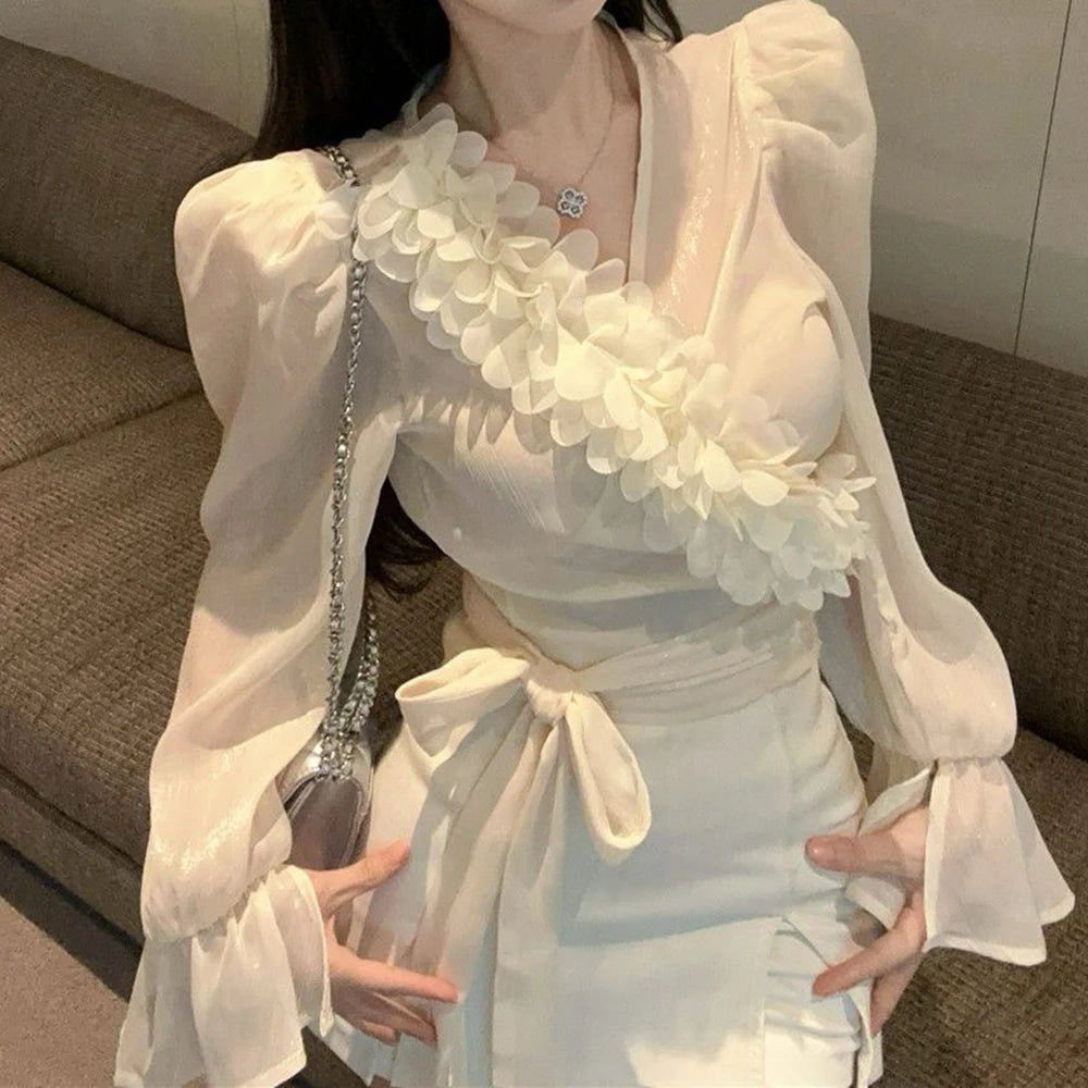 V Neck Bubble Sleeve Chiffon Blouse
