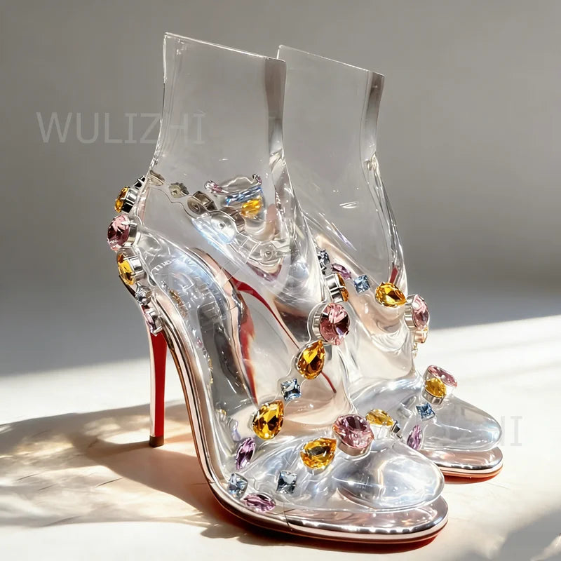 Crystal Gemstone Beaded Leather Sandals With Buckle For Women