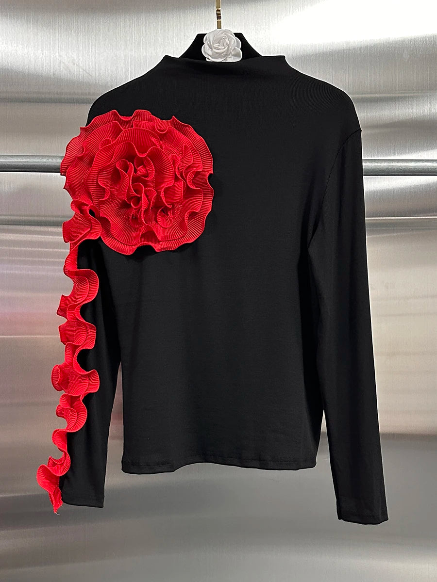 VGH Temperament Spliced Fungus Shirt For Women Turtleneck Petal Sleeve Slimming Chic Elegant Hit Color Blouse Female Spring New