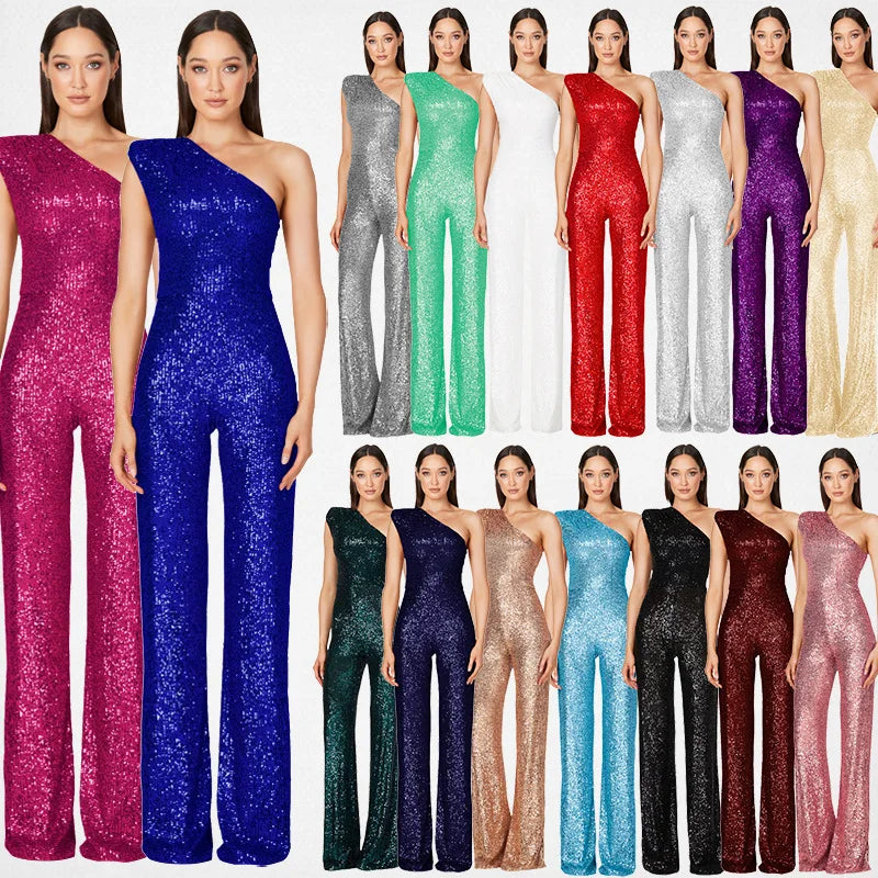 Sequined One Shoulder Wide Leg Jumpsuit