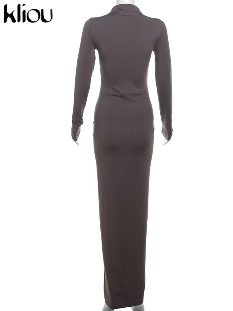 Shirred High Neck Long Sleeve Maxi Dress for Women