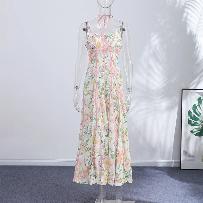 Sweetheart Neckline Floral Print Linen Blend Maxi Dress For Women