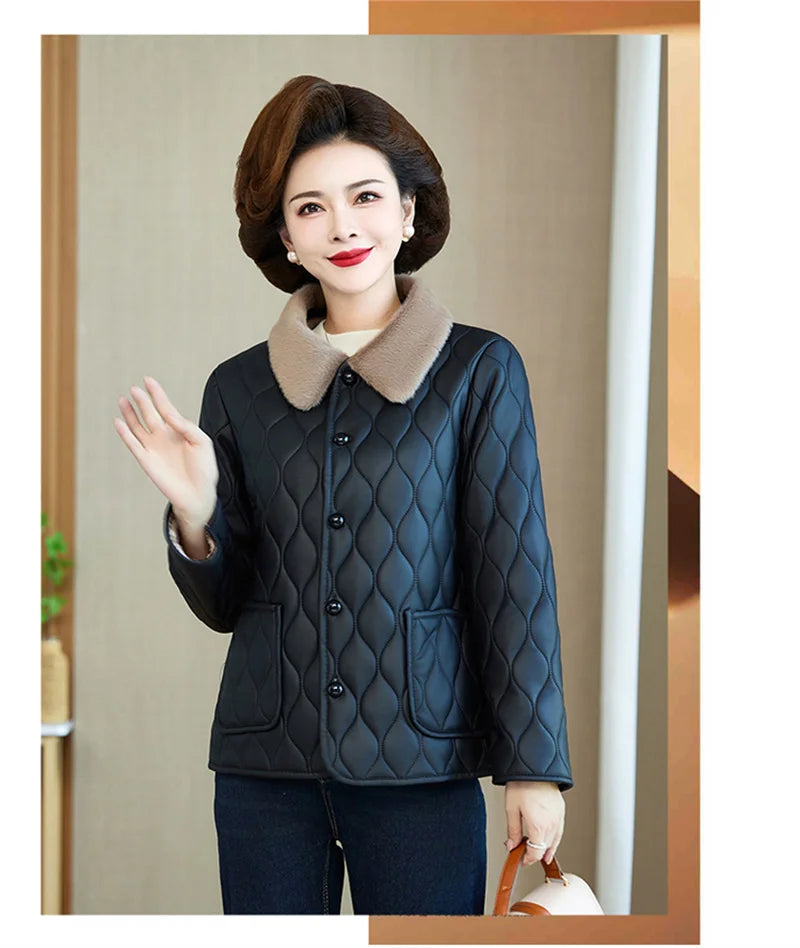 Winter Plush Jacket Winter Mom's Fashion Plus Size Loose Thick Fur Collar Coat For Mid-Aged Women With Velvet Warm Quilted Coat